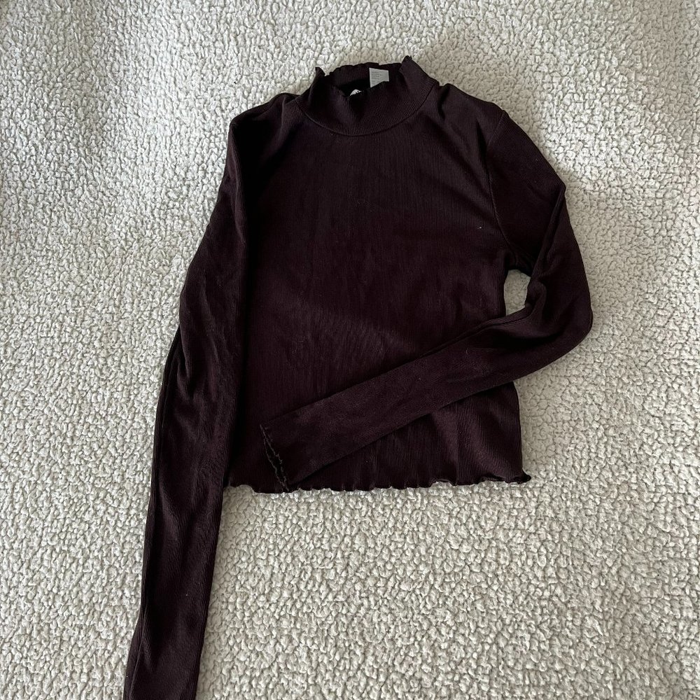 Brown Women's mini turtleneck cropped long sleeve shirt